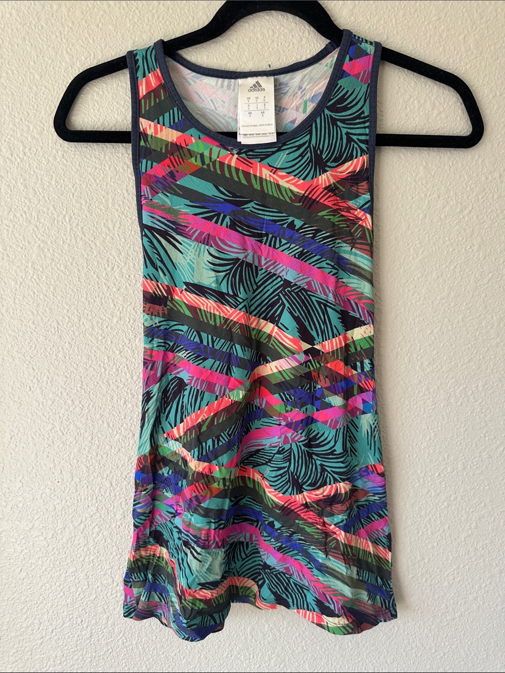 adidas Teal Tropical Print Athletic Tank with Multicolor Stripes